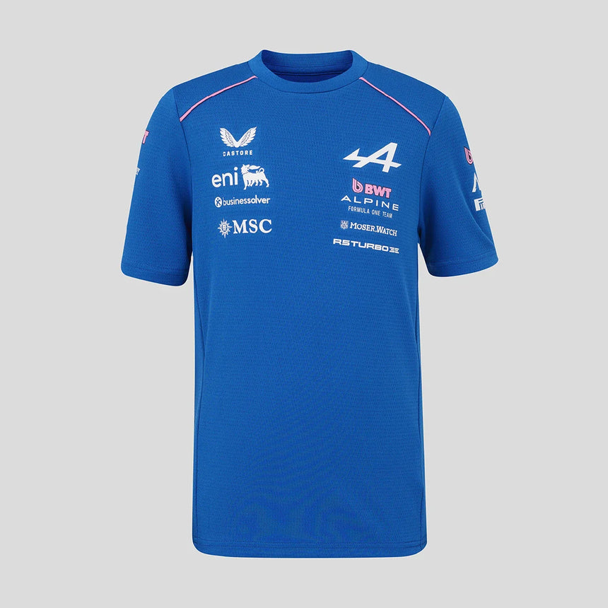 Kék Alpine póló elöl, BWT és MSC logókkal.