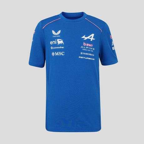 Kék Alpine póló elöl, BWT és MSC logókkal.