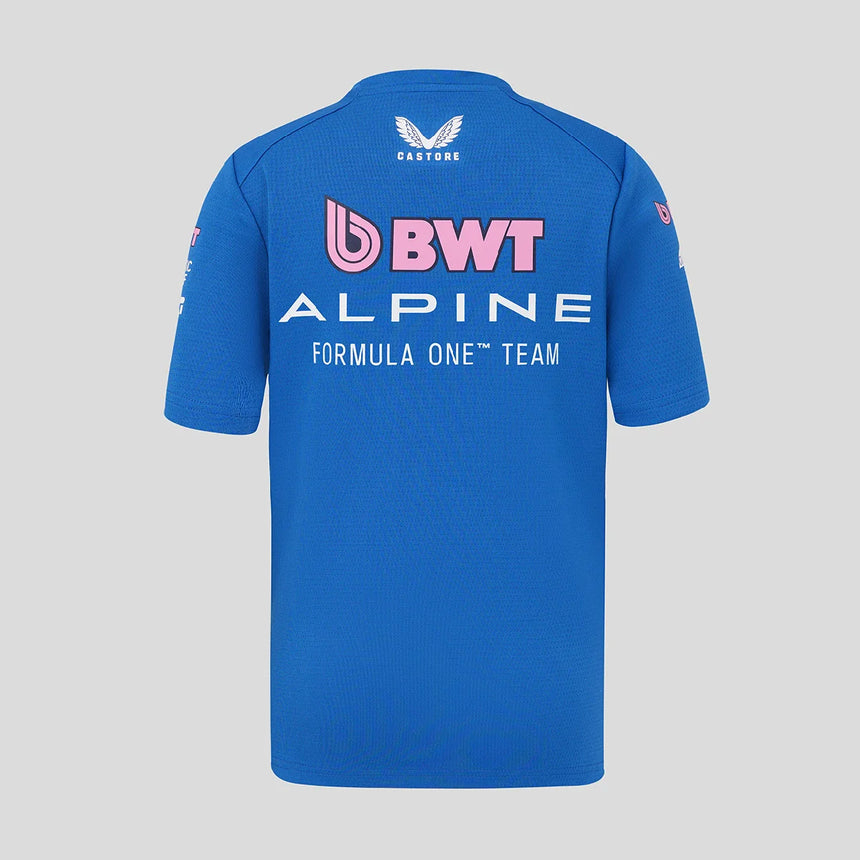 Kék Alpine póló hátul, BWT felirattal.