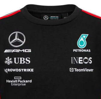 Mercedes környakú póló, csapat, pilóta, gyerek, fekete, 2023