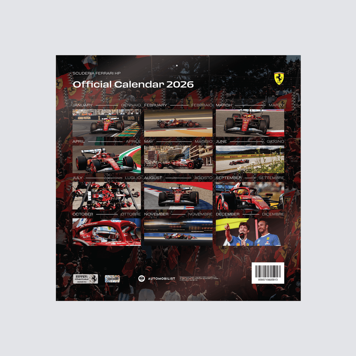 Ferrari 2026-os naptár hátoldala, lapok láthatók.
