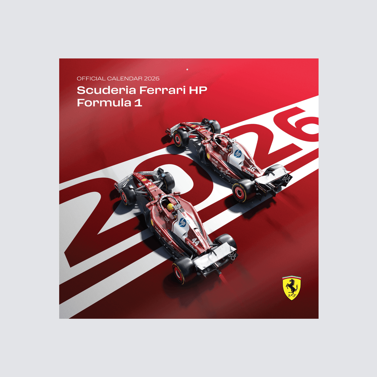 Ferrari 2026-os naptár borítója, autók és számok láthatók.