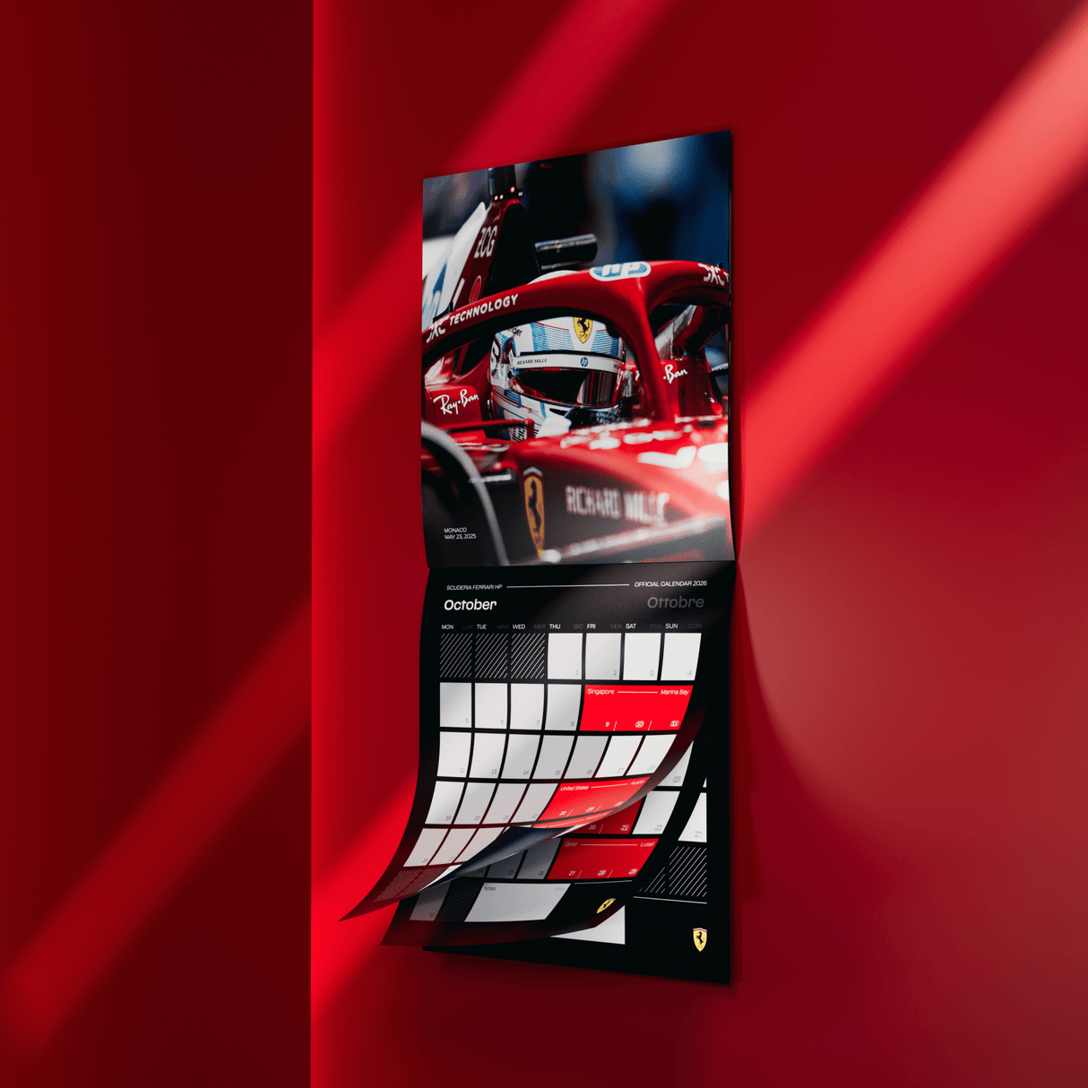 Ferrari 2026-os naptár októberi oldala, piros háttér.