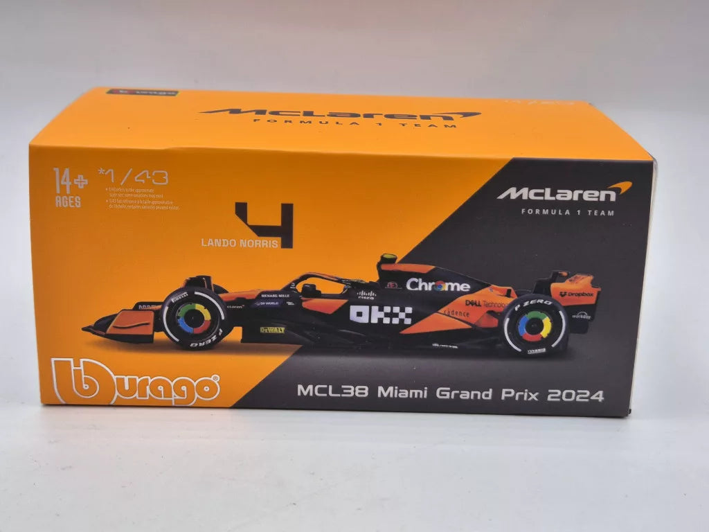 McLaren Modell Autó - Bburago Lando Norris - Miami Festés - Akril Doboz - MCL38