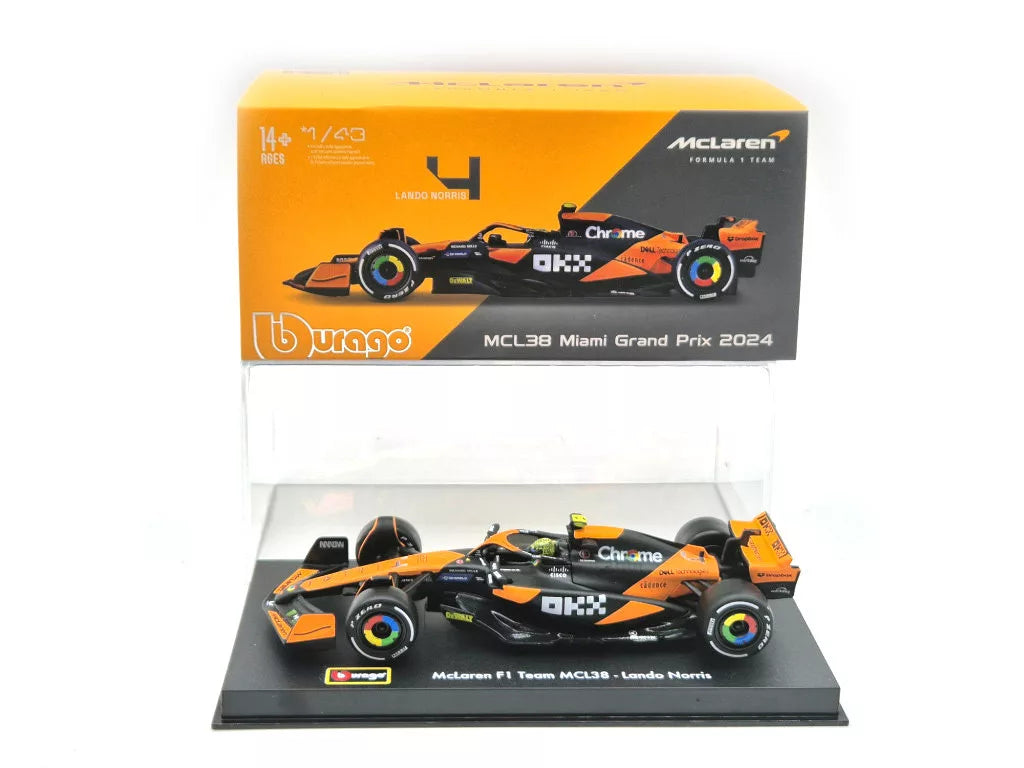 McLaren Modell Autó - Bburago Lando Norris - Miami Festés - Akril Doboz - MCL38