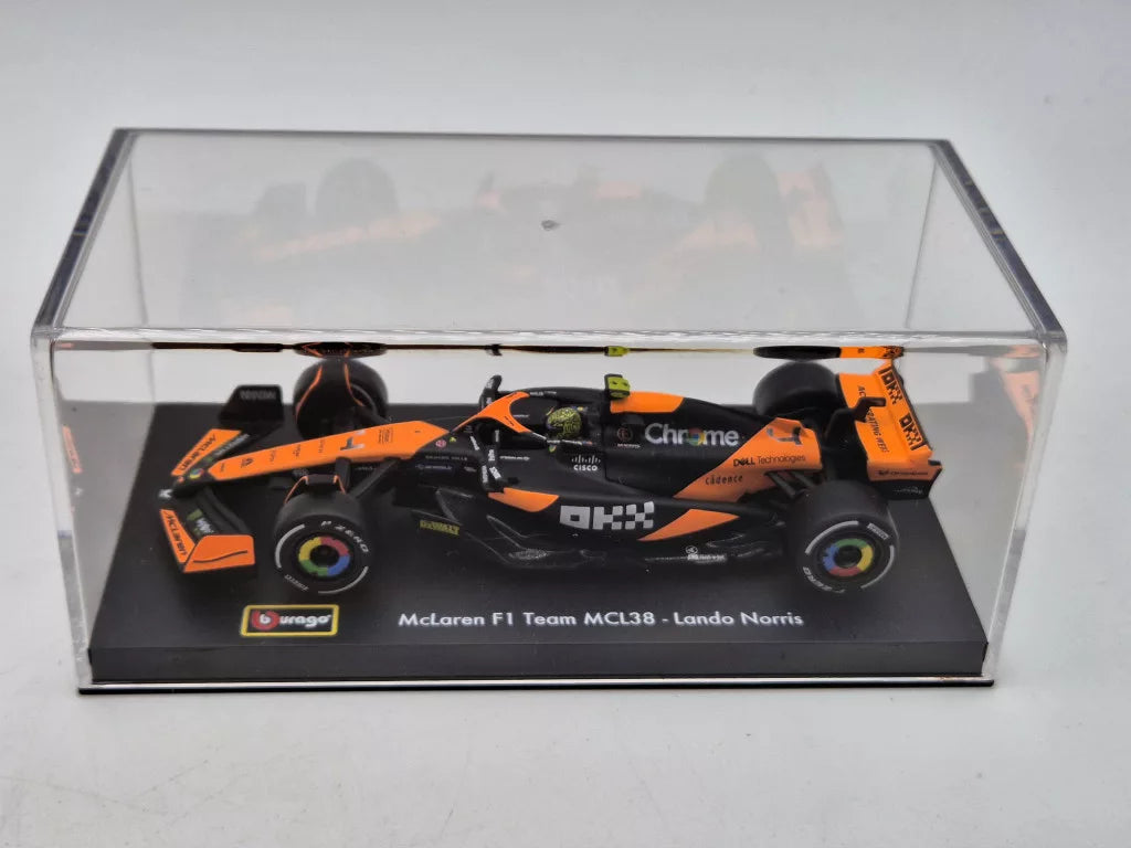 McLaren Modell Autó - Bburago Lando Norris - Miami Festés - Akril Doboz - MCL38