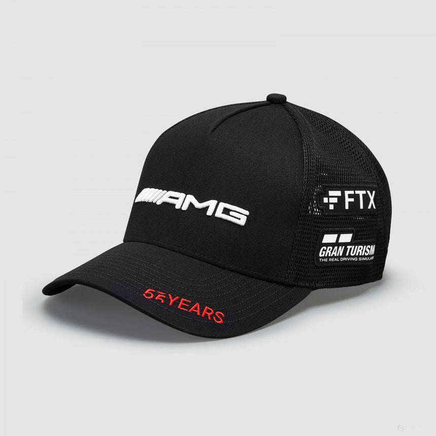 AMG logós fekete kamionos sapka termékfotó.