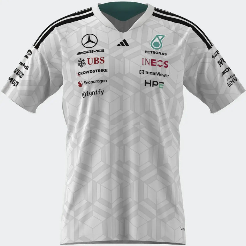 Mercedes póló, csapat, adidas, versenyzők, fehér