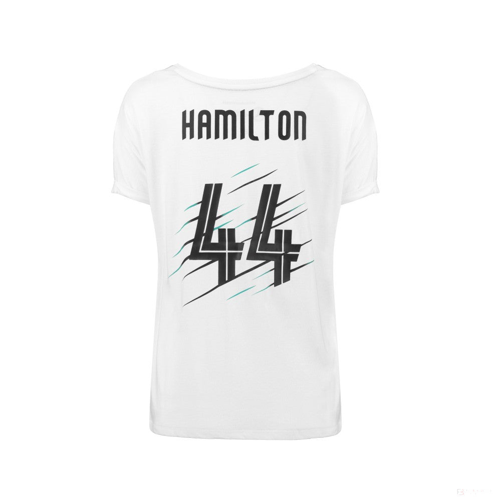 Mercedes Womens T-shirt, Hamilton Lewis 44, White, 2018 - FansBRANDS®